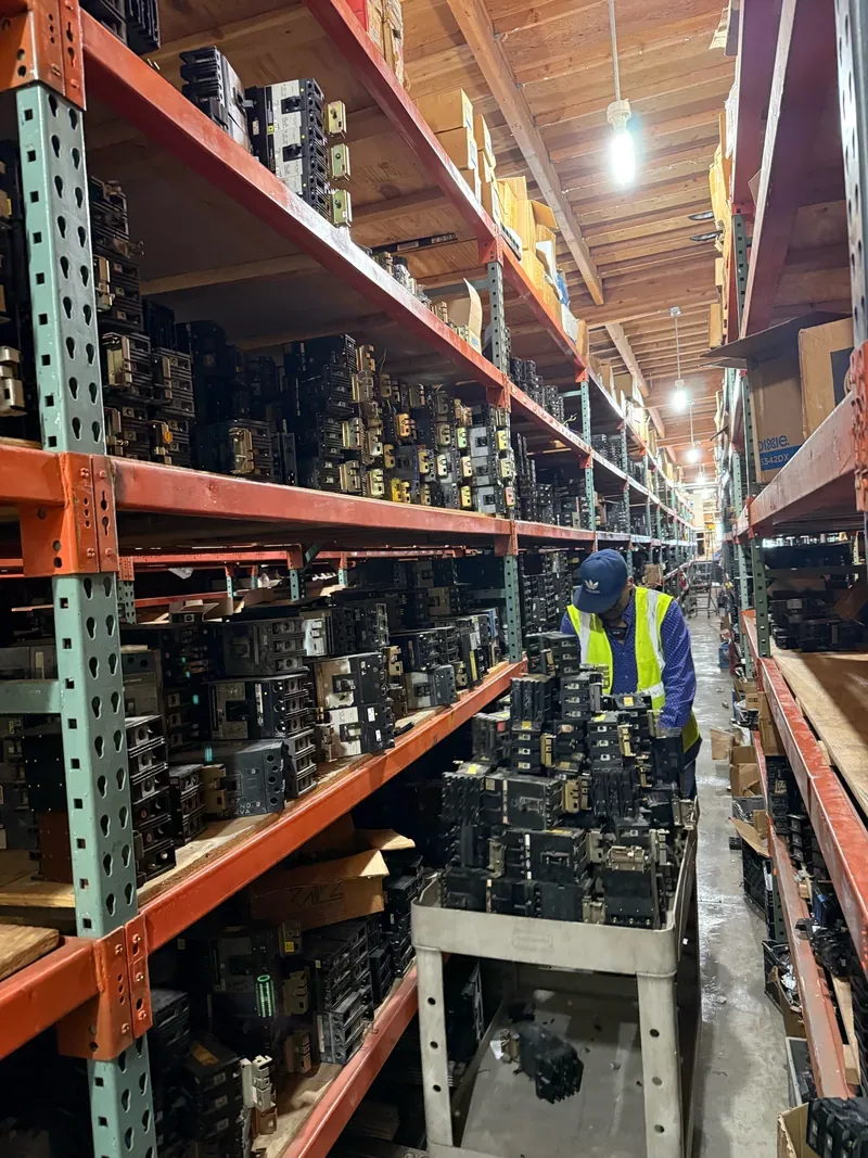 Aisle of shelved circuit breakers in a warehouse — Springfield, MO