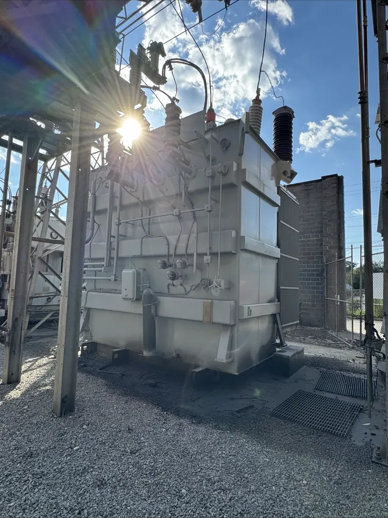 Outdoor substation transformer on a gravel pad