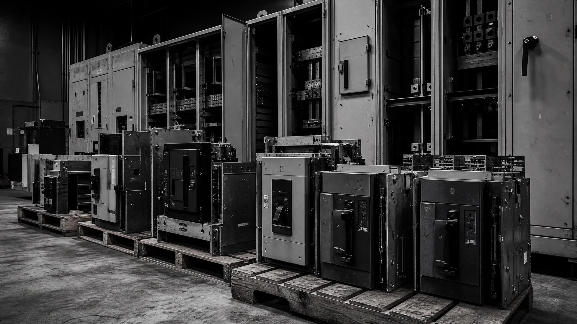Organized circuit breakers beside open industrial panel and switchboard sections