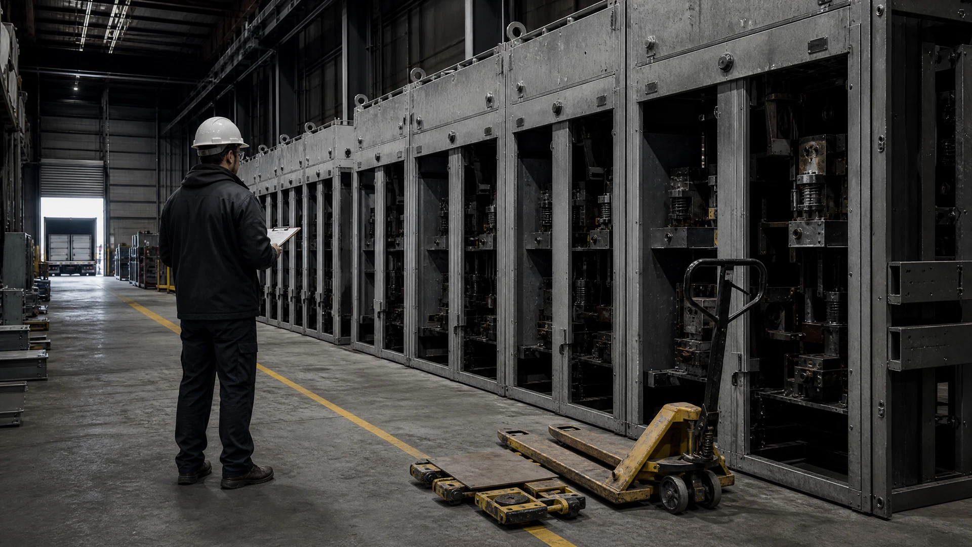 Technician documenting de-energized switchgear and a clear equipment-removal route
