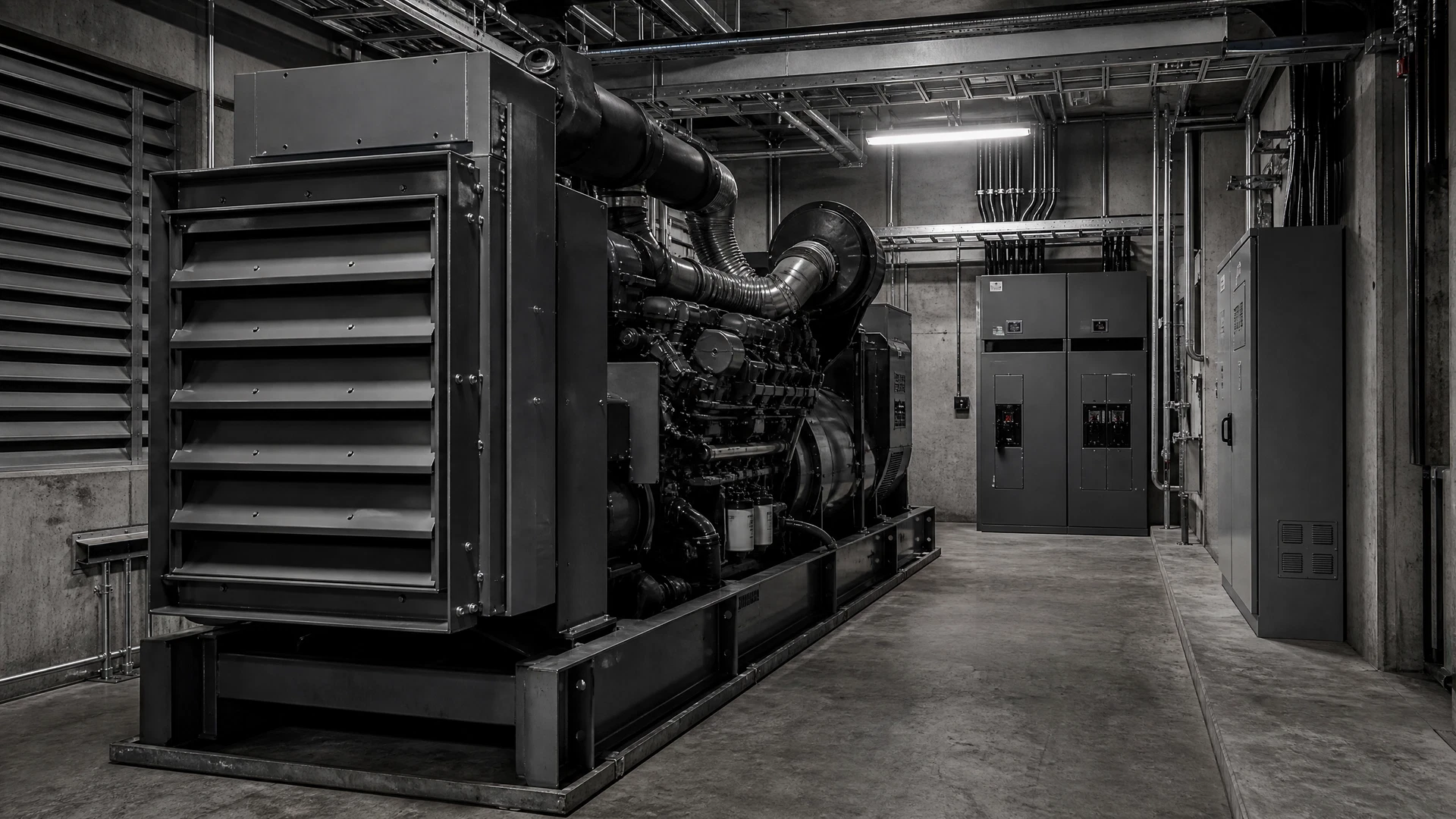 De-energized standby generator and transfer equipment in a mechanical room