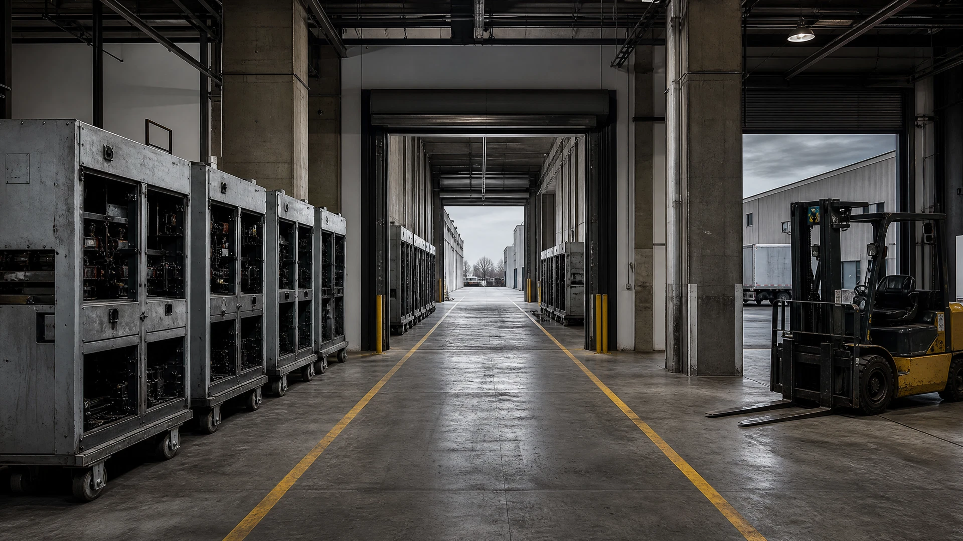 De-energized switchboard sections staged along a clear industrial loading route