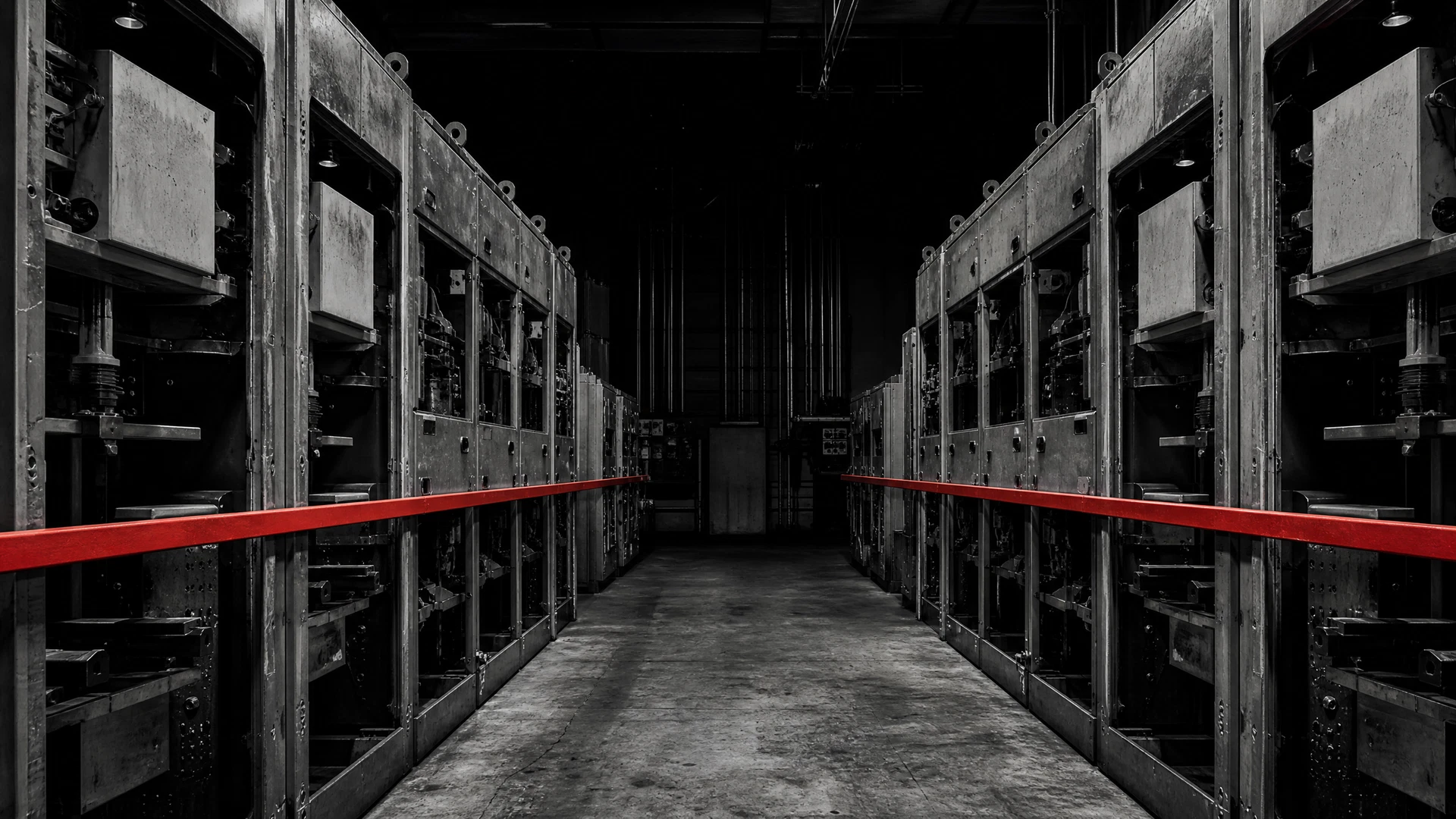 De-energized industrial switchgear arranged in a clear equipment-recovery aisle
