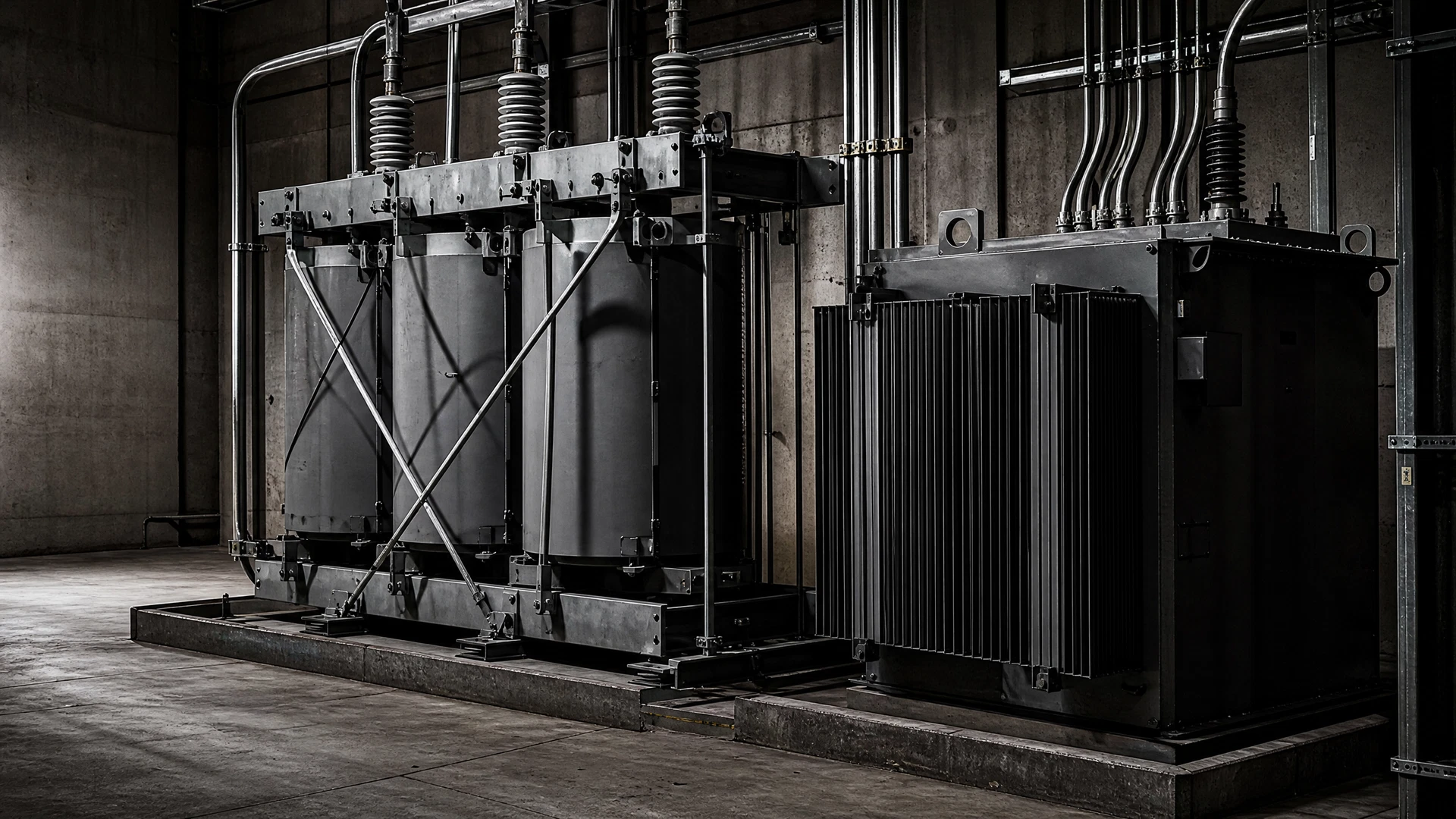 De-energized industrial transformers staged inside a service bay